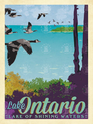 Stylized scene of Lake Ontario shore with trees, shoreline and water. Canada Geese flying from left to right.  Text: Lake Ontario, Lake of Shining Waters at bottom edge.