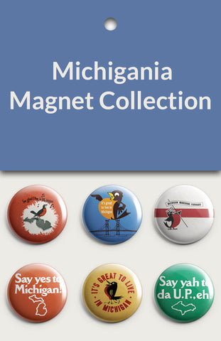 A package of the Michigania Magnet Collection showing six round magnets.
