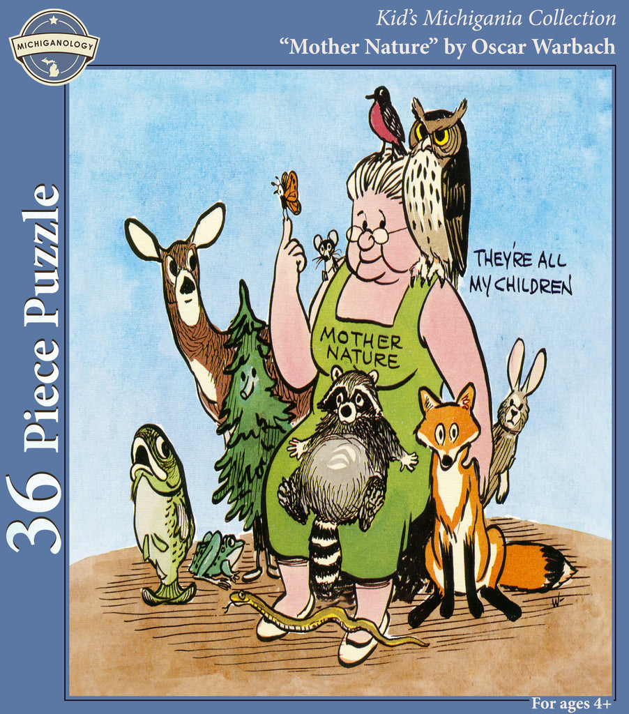 Box cover; Cartoon of Mother Nature surrounded by woodlands animals