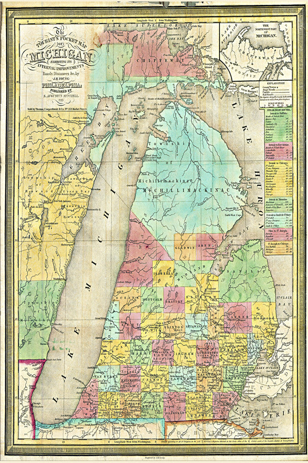 Detailed historical map of the lower peninsula of Michigan with counties identified in various bright colors.