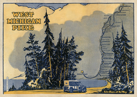 Graphic design featuring an automobile driving on a curved road next to a lake with tall trees around it. The background shows a map of cities along the western coast of Michigan. The design’s colors are muted blues, yellows, and grays.