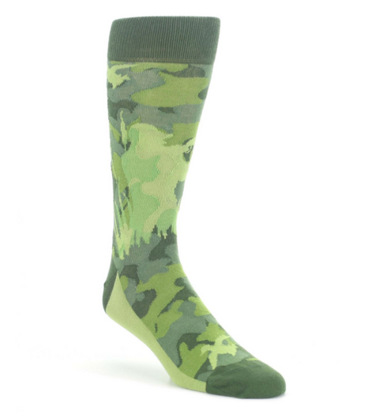 A crew-length sock featuring a green camouflage pattern.