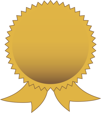 Vector image of a round gold badge with two short ribbons coming from the bottom.
